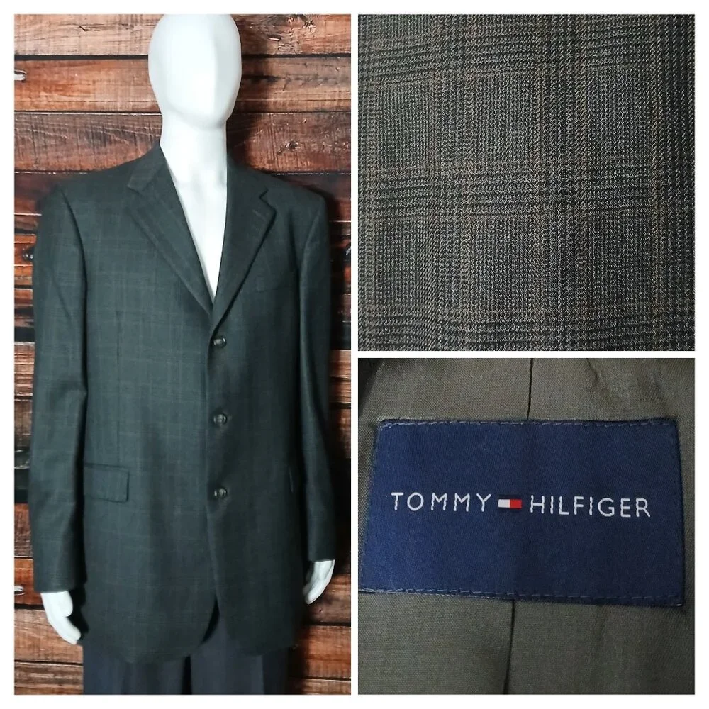 Tommy Hilfiger Jacket Blazer Mens 44 L Sport Coat 100% Wool Gray Plaid Vintage